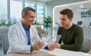 Professional doctor explaining Voice Masculinization Surgery in Turkey using a transparent digital tablet