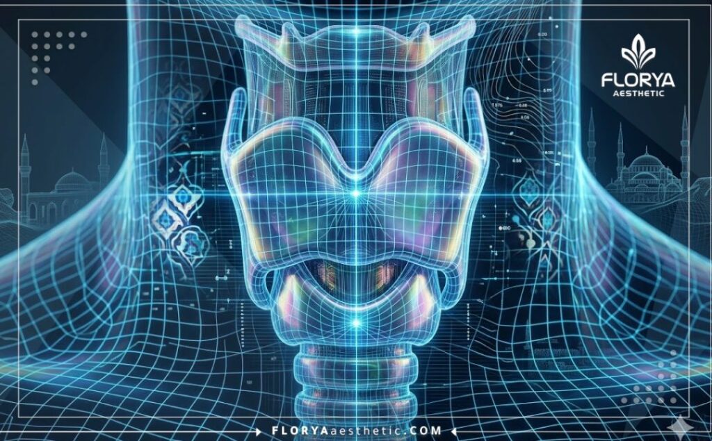 Futuristic 3D surface scan of the vocal cords and larynx area with blue neon grid
