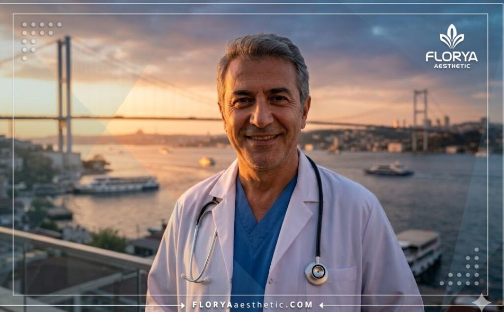 Smiling doctor standing in front of the iconic Bosphorus Bridge in Istanbul