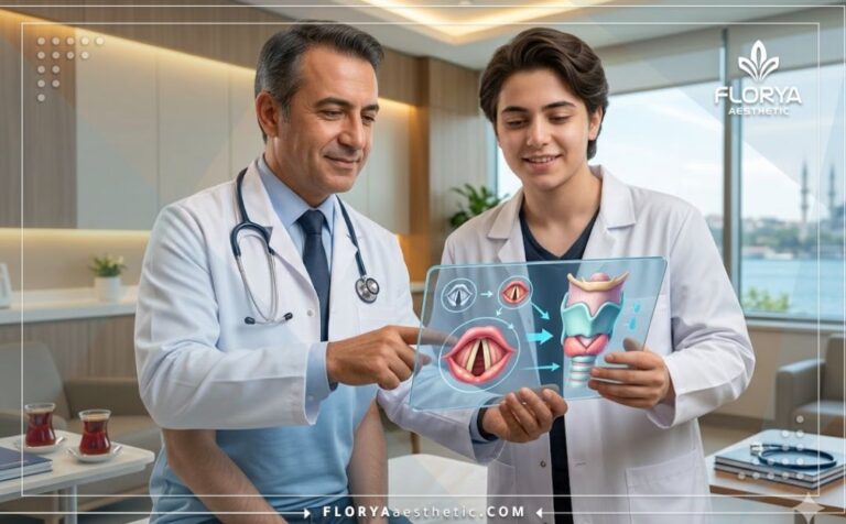 طبيب محترف يستخدم تقنيات رقمية حديثة للتخطيط لإجراء تخشين الصوت في تركيا في عيادة متطورة.