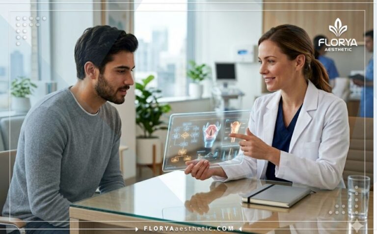 طبيب يشرح أضرار عملية تجميل الصوت للمريض عبر جهاز لوحي متطور.