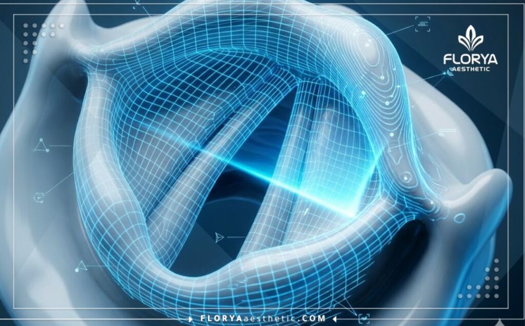 Futuristic 3D medical scan of the larynx and vocal cords showing surgical precision.