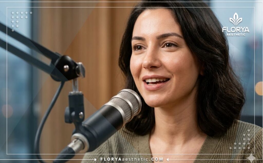 شخص يتحدث بثقة وسعادة عبر ميكروفون احترافي بعد نجاح العملية.