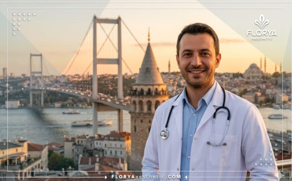 Smiling surgeon welcoming a patient to Istanbul for medical tourism.