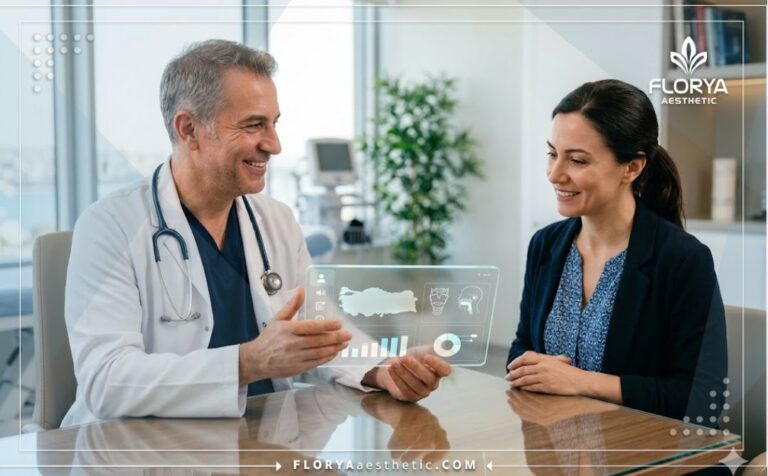 طبيب متخصص يشرح أسعار تجميل الصوت في تركيا باستخدام تقنيات رقمية حديثة لمريض داخل العيادة.