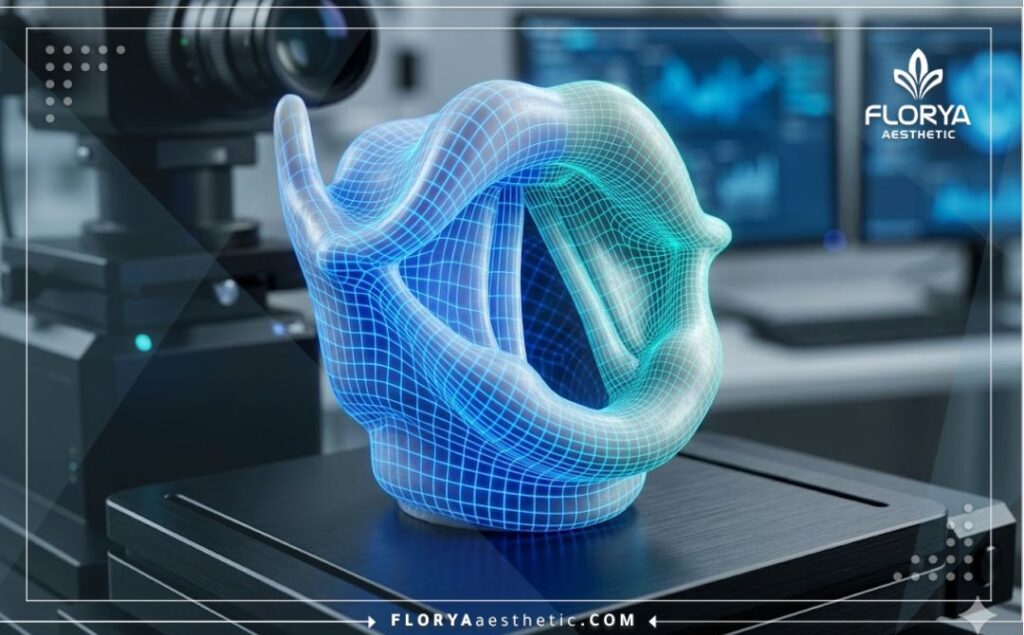 Высокотехнологичное макро-сканирование 3D-поверхности гортани и голосовых связок с неоновой сеткой.