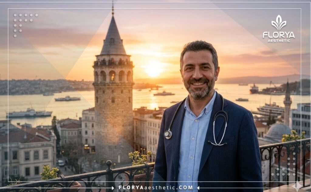 Doctor amable dando la bienvenida frente a un paisaje icónico de Estambu