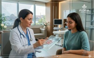Un médecin professionnel présentant le plan numérique pour la Chirurgie de la voix en Turquie à l'aide d'une tablette technologique.