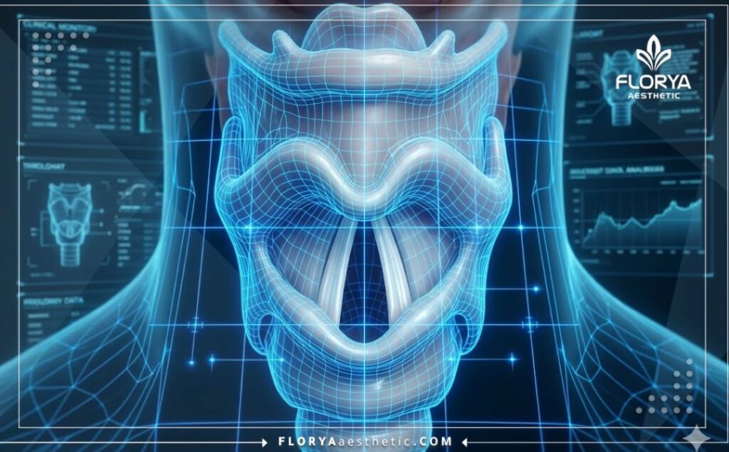 Scan 3D de haute technologie ciblant précisément la zone des cordes vocales.