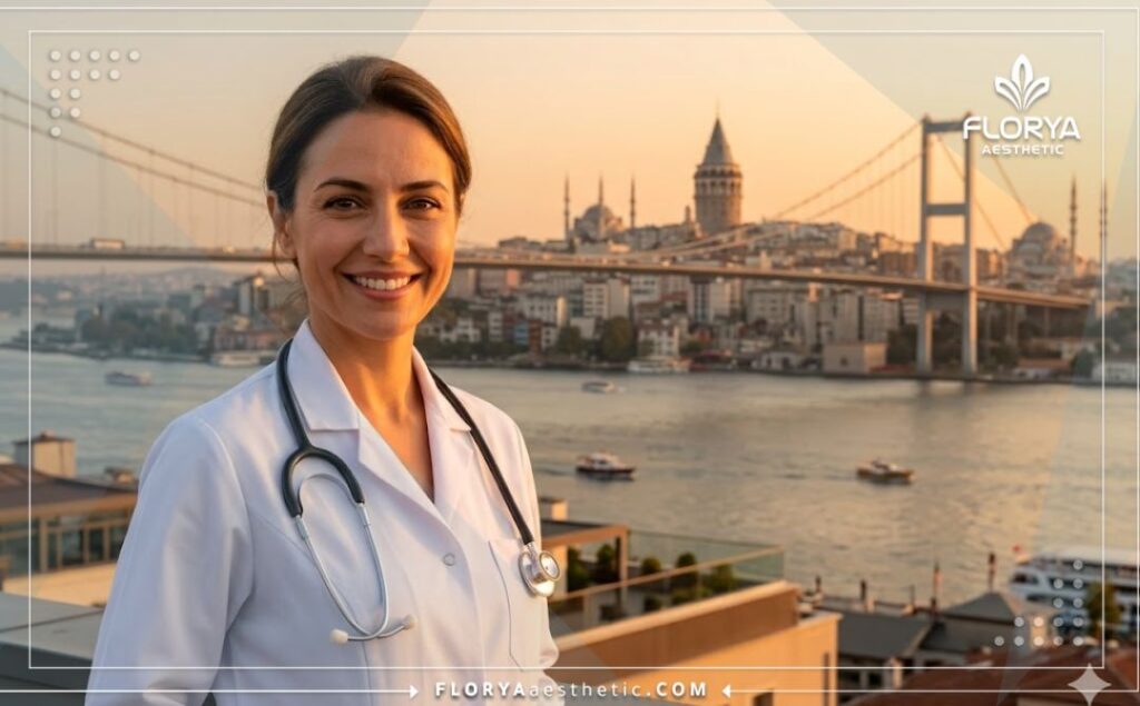 Médecin souriant accueillant les patients à Istanbul avec la tour Galata en arrière-plan.