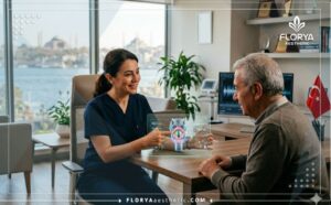 طبيب محترف يشرح خطة عمليات النطق والصوت في تركيا للمريض عبر جهاز لوحي.