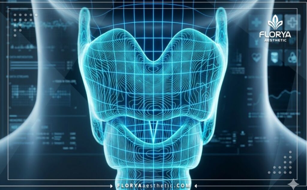 Futuristic 3D surface scan of the vocal cords and throat area.
