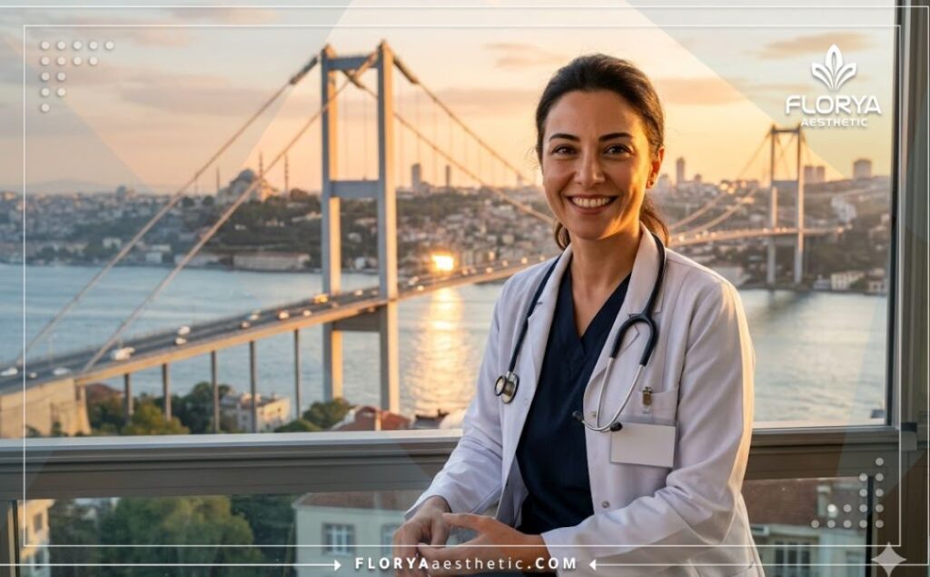 Friendly doctor welcoming a patient with Istanbul Bosphorus Bridge in the background.