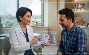 Professional doctor demonstrating a digital plan for Voice Surgery in Turkey using an advanced tablet