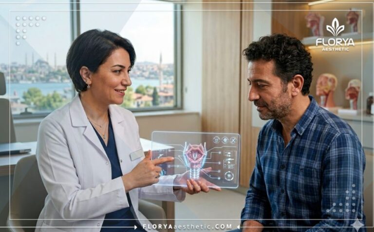 طبيب محترف يشرح خطة تجميل الصوت جراحيا في تركيا للمريض باستخدام تكنولوجيا حديثة