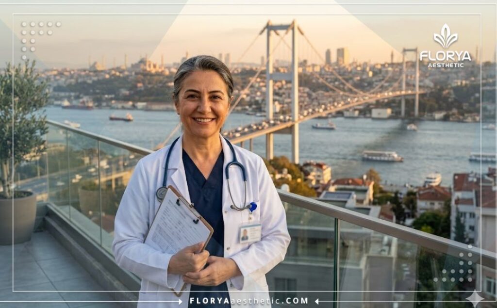Friendly doctor smiling with Istanbul Bosphorus Bridge in the background