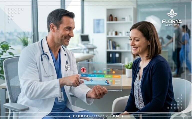 طبيب محترف يعرض خطة رقمية توضح متى يظهر نتيجة عملية تجميل الصوت للمريض في العيادة.