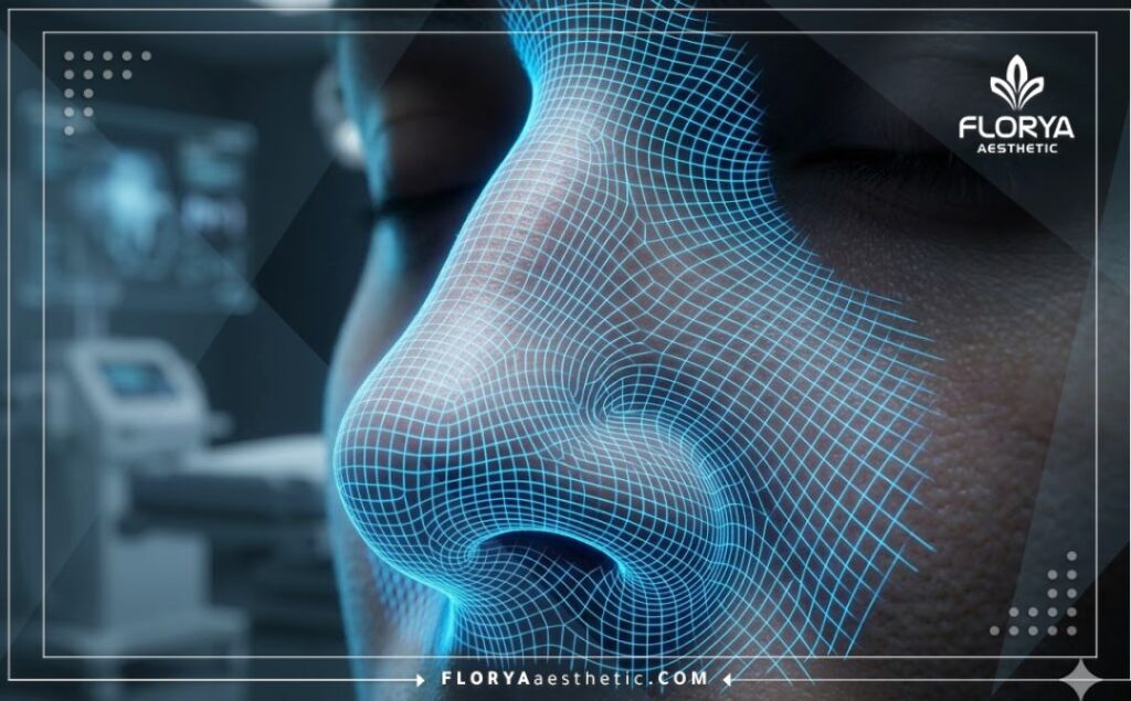 High-tech 3D macro surface scan focusing on the nasal anatomy and facial structure