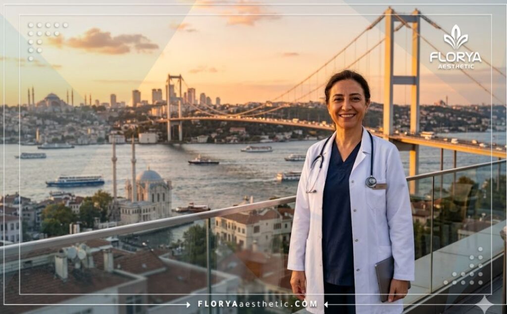 Friendly cosmetic surgeon welcoming a patient with Istanbul landmarks in the background