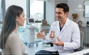طبيب يشرح خطة تجميل الأنف العريض في تركيا للمريض باستخدام جهاز لوحي متطور