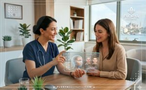 طبيب محترف يشرح خطة عمليات إزالة التجاعيد في تركيا عبر جهاز لوحي شفاف للمريض