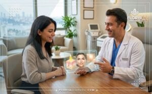 Médecin expert expliquant les étapes du Peeling Jaune pour Éclaircissement de la Peau en Turquie à l'aide d'une tablette technologique.