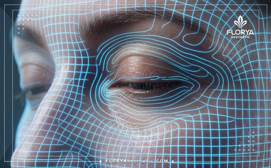 مسح رقمي ثلاثي الأبعاد دقيق لمنطقة العين اللوزية يبرز تفاصيل التجميل التشريحية بوضوح.
