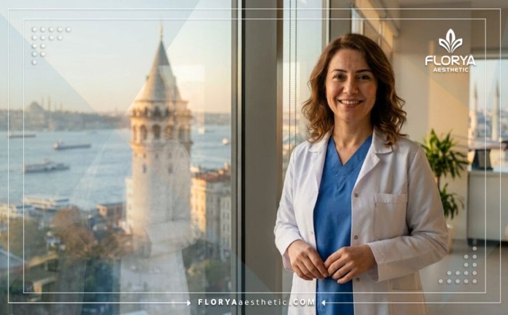 طبيب ودود في اسطنبول يرحب بالمرضى لإجراء جراحة العيون اللوزية مع برج غلطة في الخلفية.
