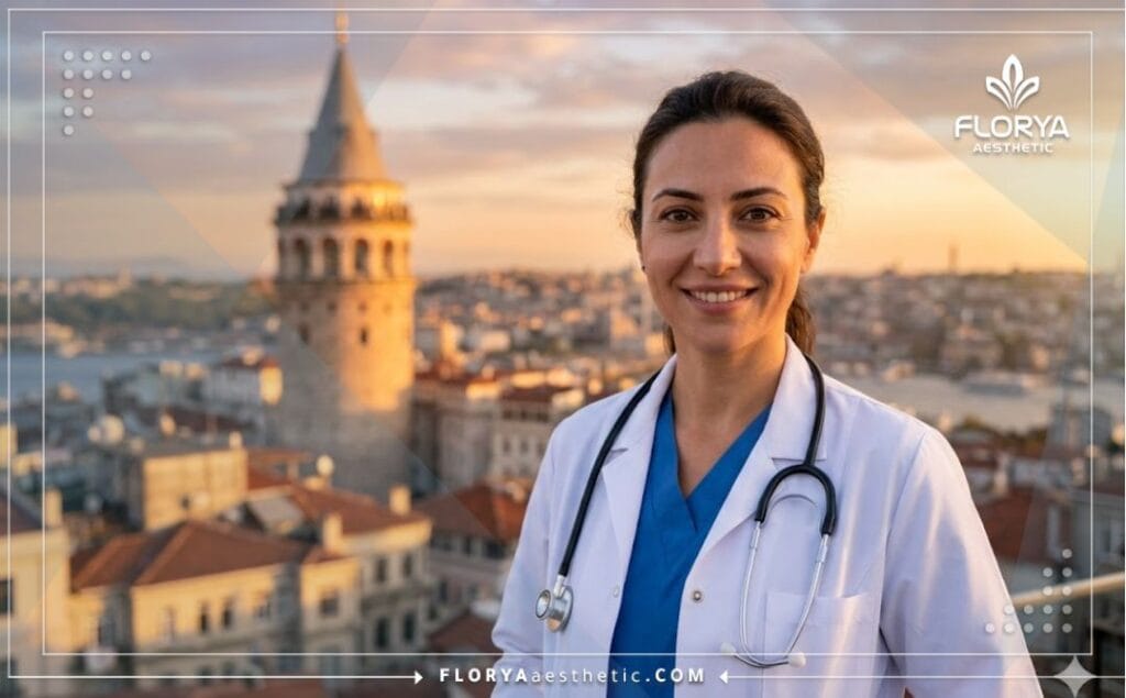 Friendly doctor welcoming patients to Istanbul at golden hour