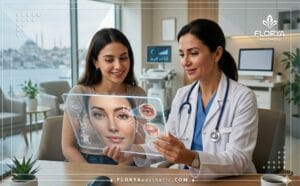 طبيب يعرض خطة عملية العيون اللوزية في تركيا للمريض باستخدام جهاز لوحي ذكي