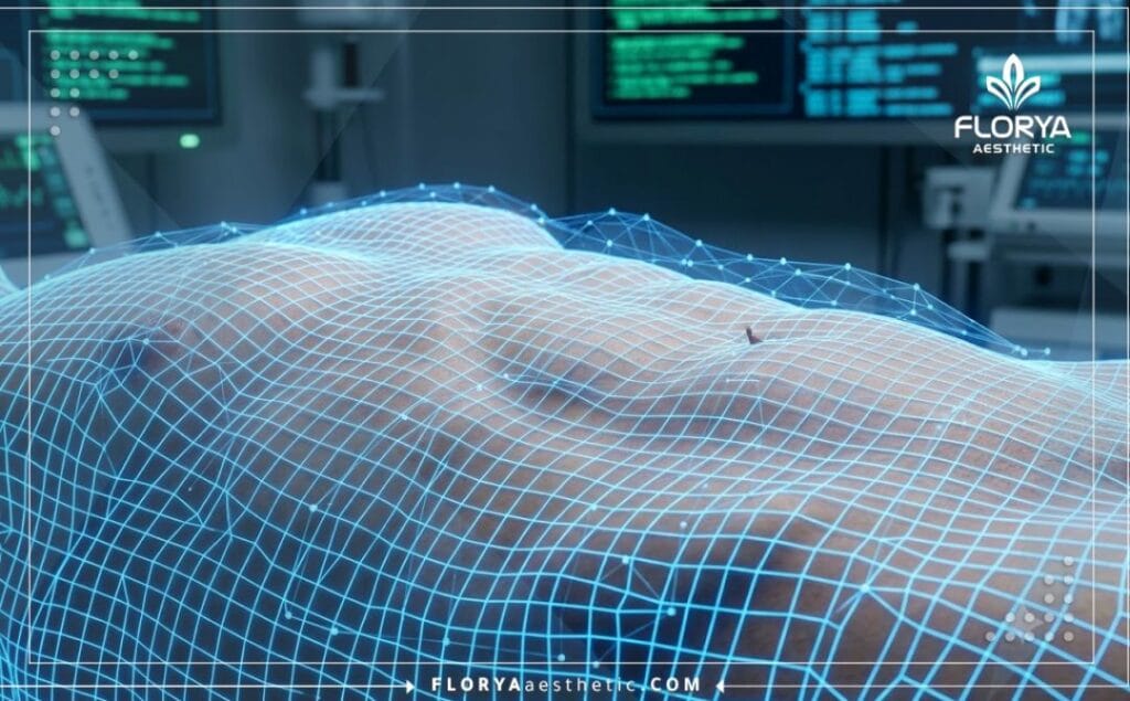 Высокотехнологичное 3D-сканирование контуров тела с наложением синей неоновой лазерной сетки для точности операции.