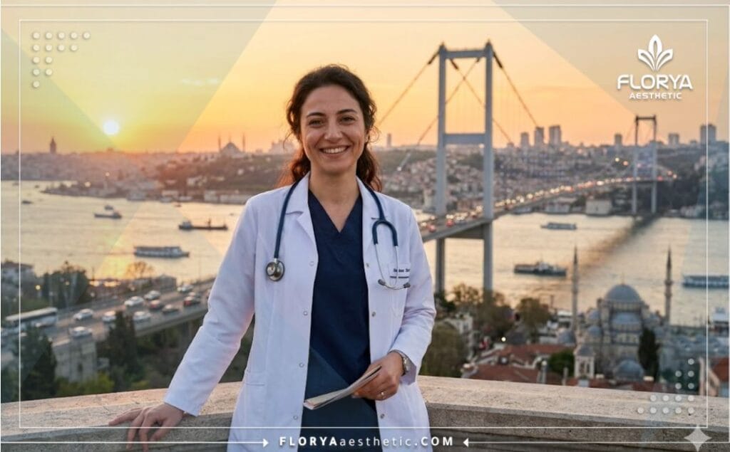 طبيب يبتسم بوجود جسر البوسفور في إسطنبول يرحب بالمرضى