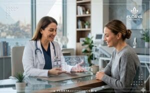 طبيب يشرح خطة العلاج الرقمية مع أفضل دكتور رفع الثدي في تركيا للمريضة