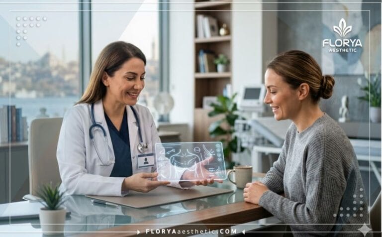 طبيب يشرح خطة العلاج الرقمية مع أفضل دكتور رفع الثدي في تركيا للمريضة