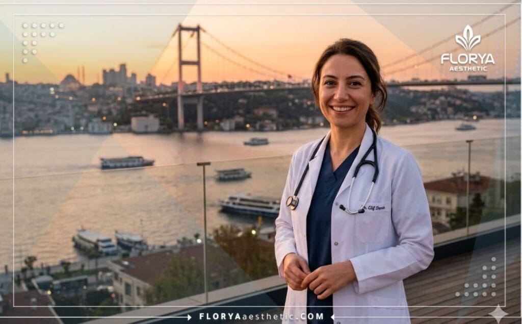 Friendly cosmetic surgeon welcoming patients to Istanbul at golden hour.