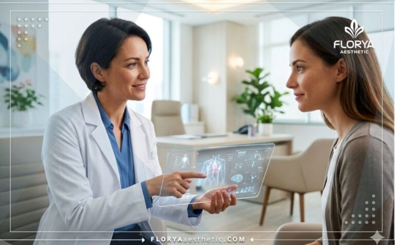 طبيب محترف يناقش خطة العلاج الرقمية مع المريضة لعملية أفضل دكتور شد ورفع الثدي في تركيا باستخدام جهاز لوحي متطور.