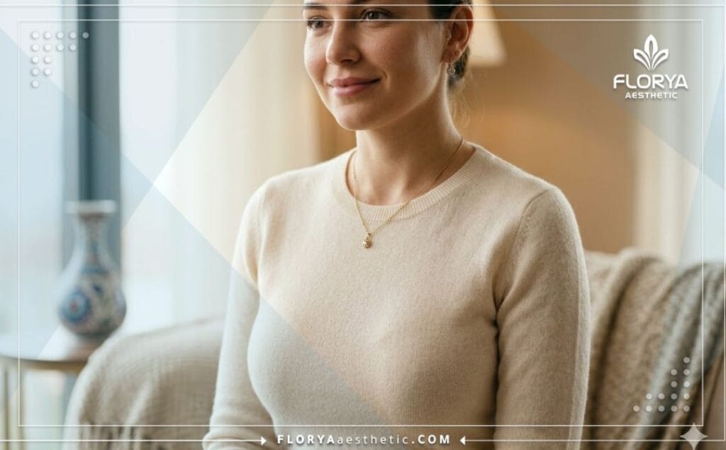 Cinematic close-up shot showing the flawless aesthetic result and natural contours of a successful breast uplift procedure.
