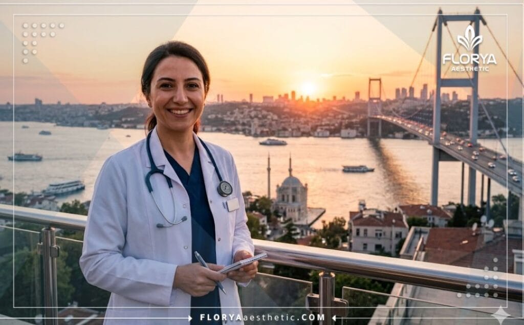 Welcoming medical doctor smiling with the beautiful Istanbul Bosphorus bridge visible in the golden hour background.