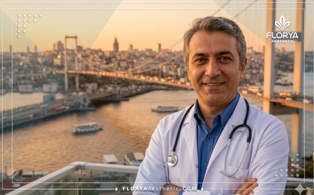 طبيب تجميل يرحب بالمرضى في اسطنبول مع برج غلطة في الخلفية
