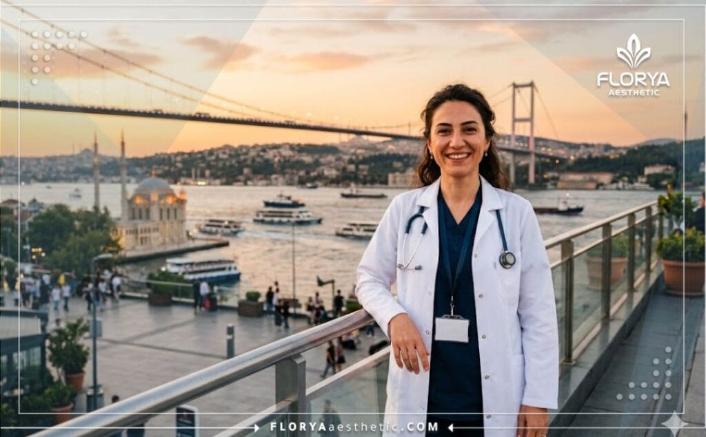 A friendly medical doctor smiling with the beautiful Bosphorus Bridge background in Istanbul during golden hour.