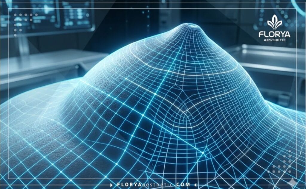 A futuristic macro 3D surface scan with a neon blue laser grid focusing on the breast area for precise surgical planning.