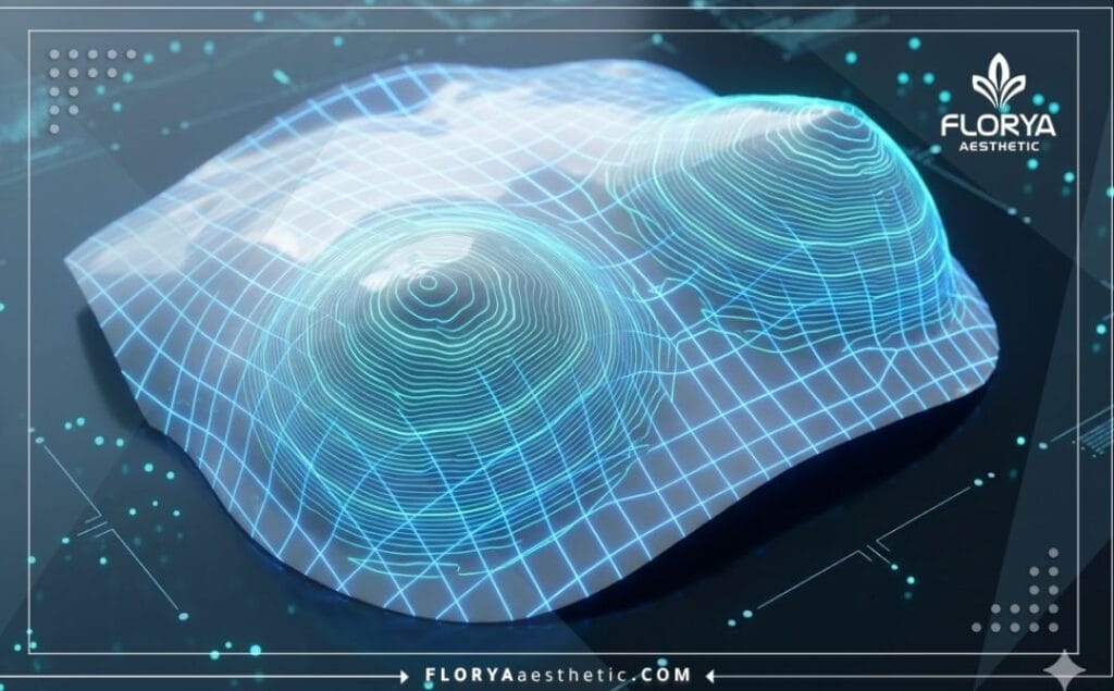A high-tech macro 3D surface scan of the chest anatomy with a glowing blue laser grid for high-precision medical visualization.