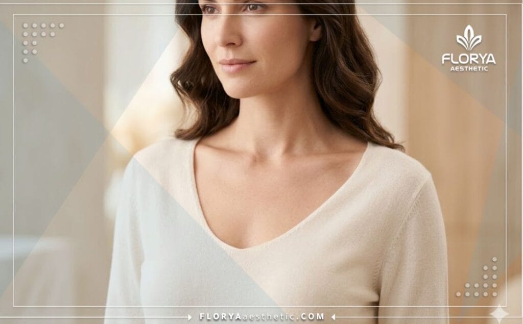 Cinematic close-up showing a flawless, natural, and highly aesthetic outcome of a successful breast enhancement procedure.