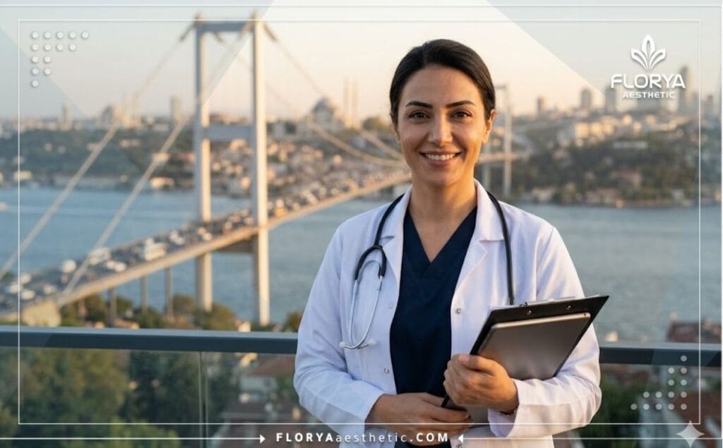 A friendly medical professional smiling warmly with the iconic Bosphorus Bridge in Istanbul in the background during golden hour.