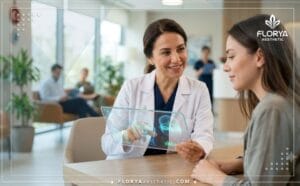 Doctor using advanced transparent tablet technology to plan with the Best Cat Eye Surgeon in Turkey