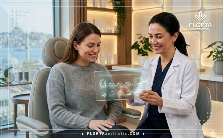 طبيب خبير يعرض خطة علاج رقمية للمرضى في أفضل عيادة للتقشير الكيميائي للوجه في تركيا باستخدام أجهزة حديثة.
