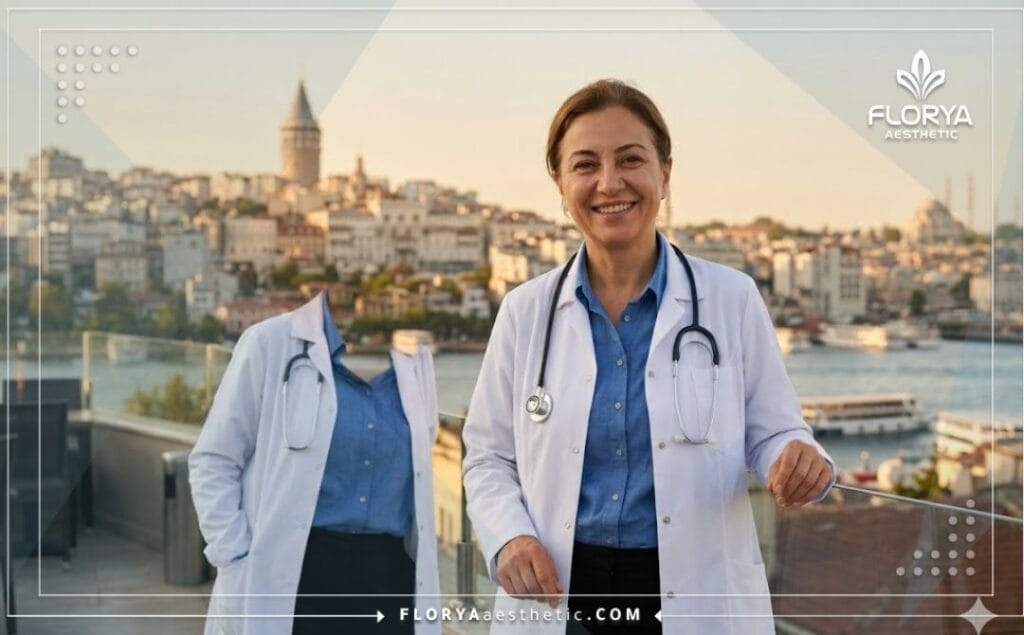 Friendly aesthetic surgeon smiling with the iconic Bosphorus Bridge in Istanbul behind.