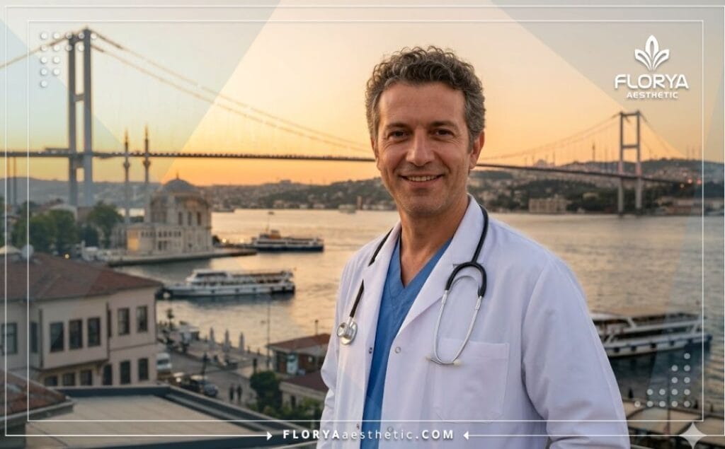 طبيب ودود في اسطنبول مع خلفية لبرج غلطة يرحب بمرضى تجميل الوجه