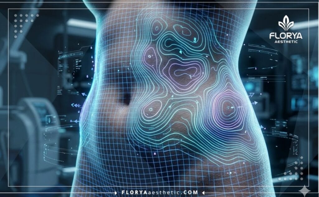 Advanced dynamic 3D surface mesh scanning the target body area for precise targeted cryolipolysis treatment layout.