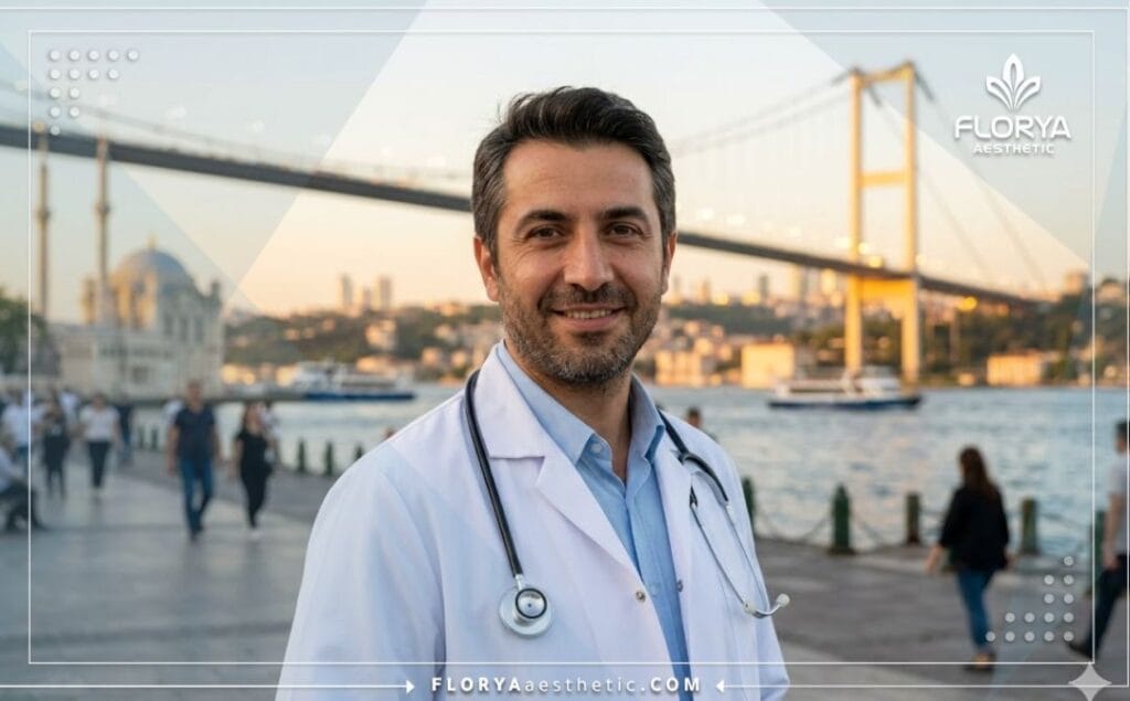 Welcoming medical expert smiling in a modern Istanbul clinic with the beautiful historic cityscape in the background.